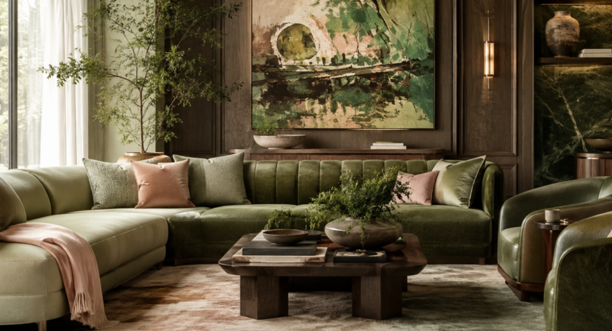 green leather sofa in rich leather